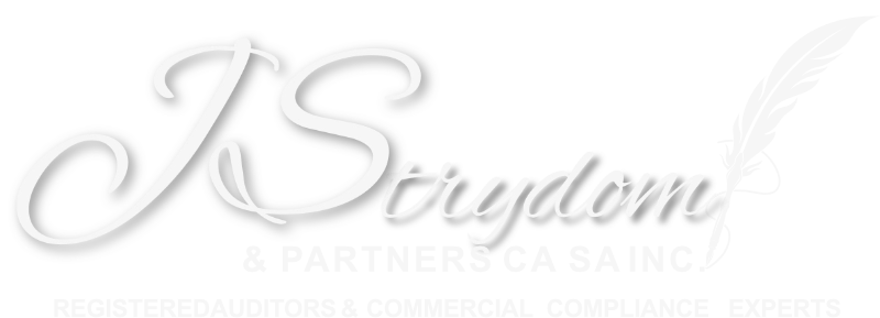 Professional logo for J Strydom & Partners CA SA Inc, a financial audit company in South Africa, featuring a white quill pen and text identifying them as registered auditors and commercial compliance experts.